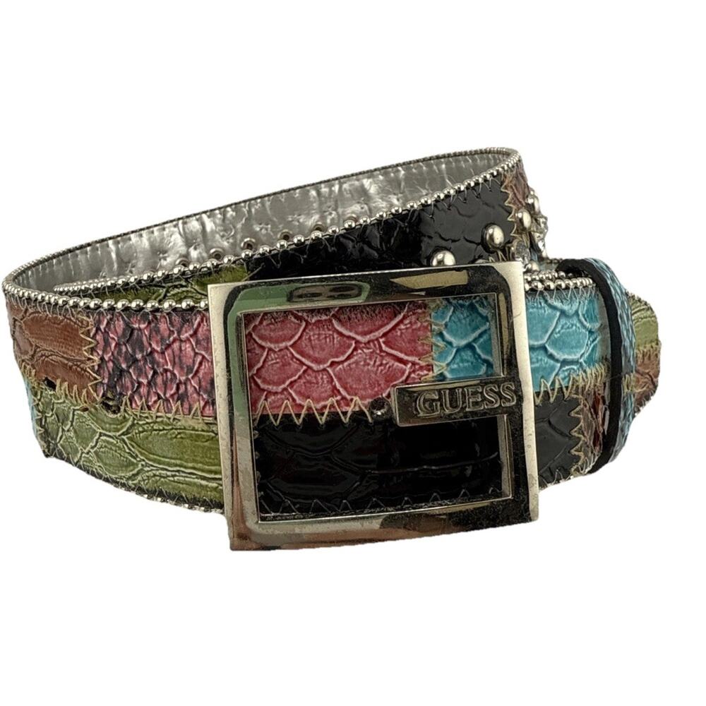 Guess Y2K cowboy RHINESTONE studded belt Patchwork embossed WESTERN Size M EUC